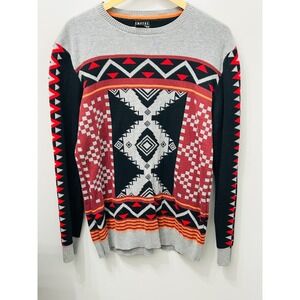 Empyre Aztec Geometric Southwestern Knit Crewneck Sweater Gray Red Size Medium
